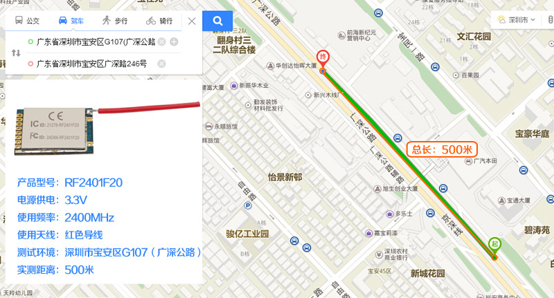 RF2401F20 無線收發(fā)模塊實(shí)際測(cè)試距離
